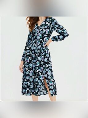 LOFT Black Floral V-Neck Midi Dress with Blue Teal Accents